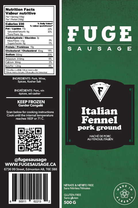 Italian Fennel - Pork Sausage Ground (500g) Fuge Sausage