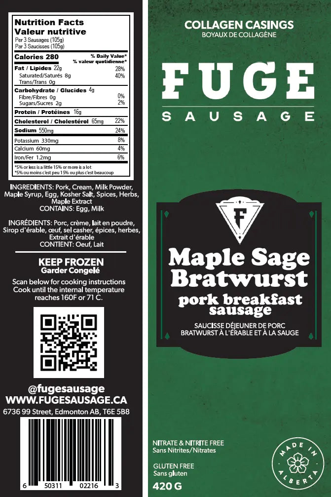 Maple Sage Bratwurst - Pork Breakfast Sausage (420g) Fuge Sausage