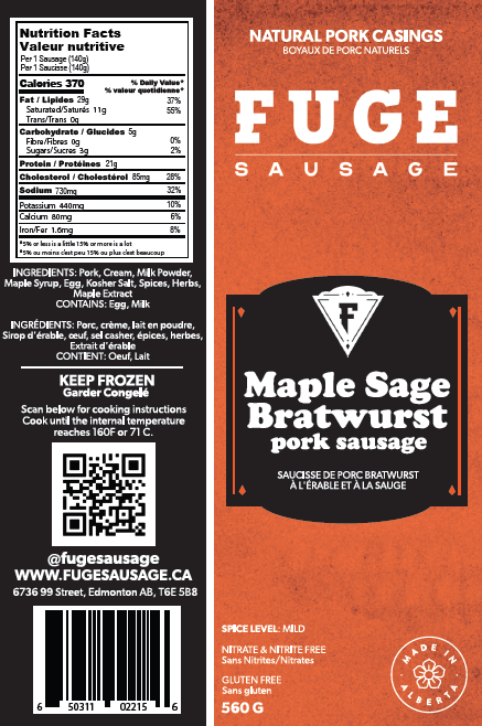 Maple Sage Bratwurst - Pork Sausage (560g)